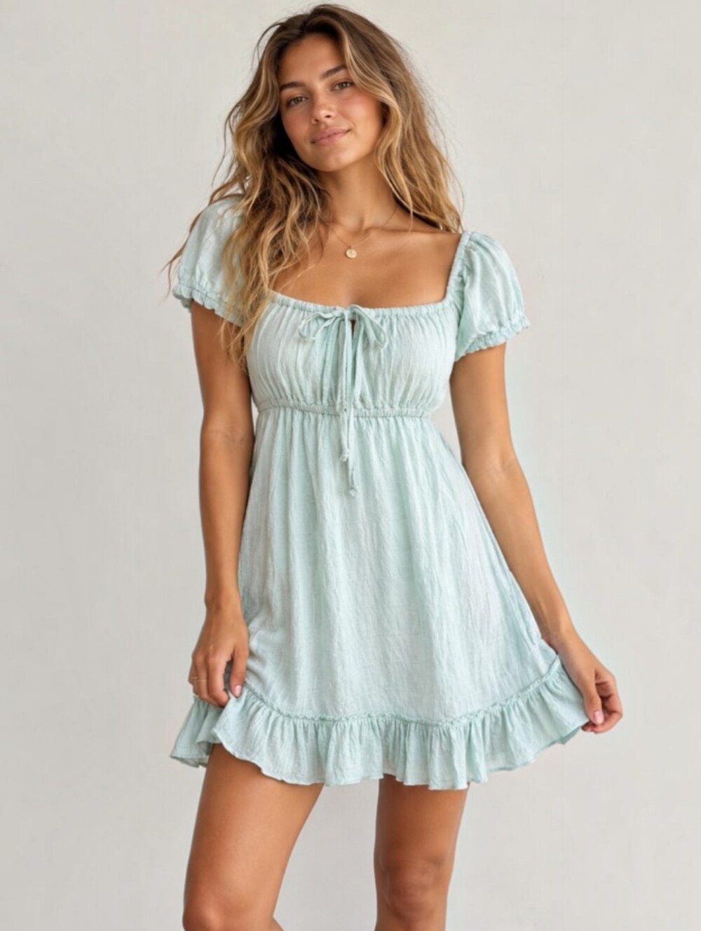 FP Beach Boho Mint Ruffle Mini Dress, XS, Boho Cottagecore Festival Ruffle Beach